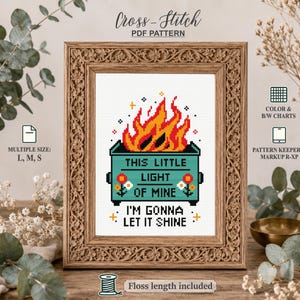 Funny Dumpster Fire Cross Stitch Pattern PDF, This Little Light of Mine, Meme Cross Stitch, Pattern Keeper, Instant Download
