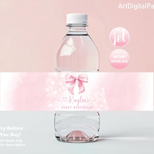 Editable Pink Bow Water Bottle Label 1st Birthday Water Bottle Label Girl Coquette Bow Elegant Modern Pink Water Bottle Label Birthday Girl