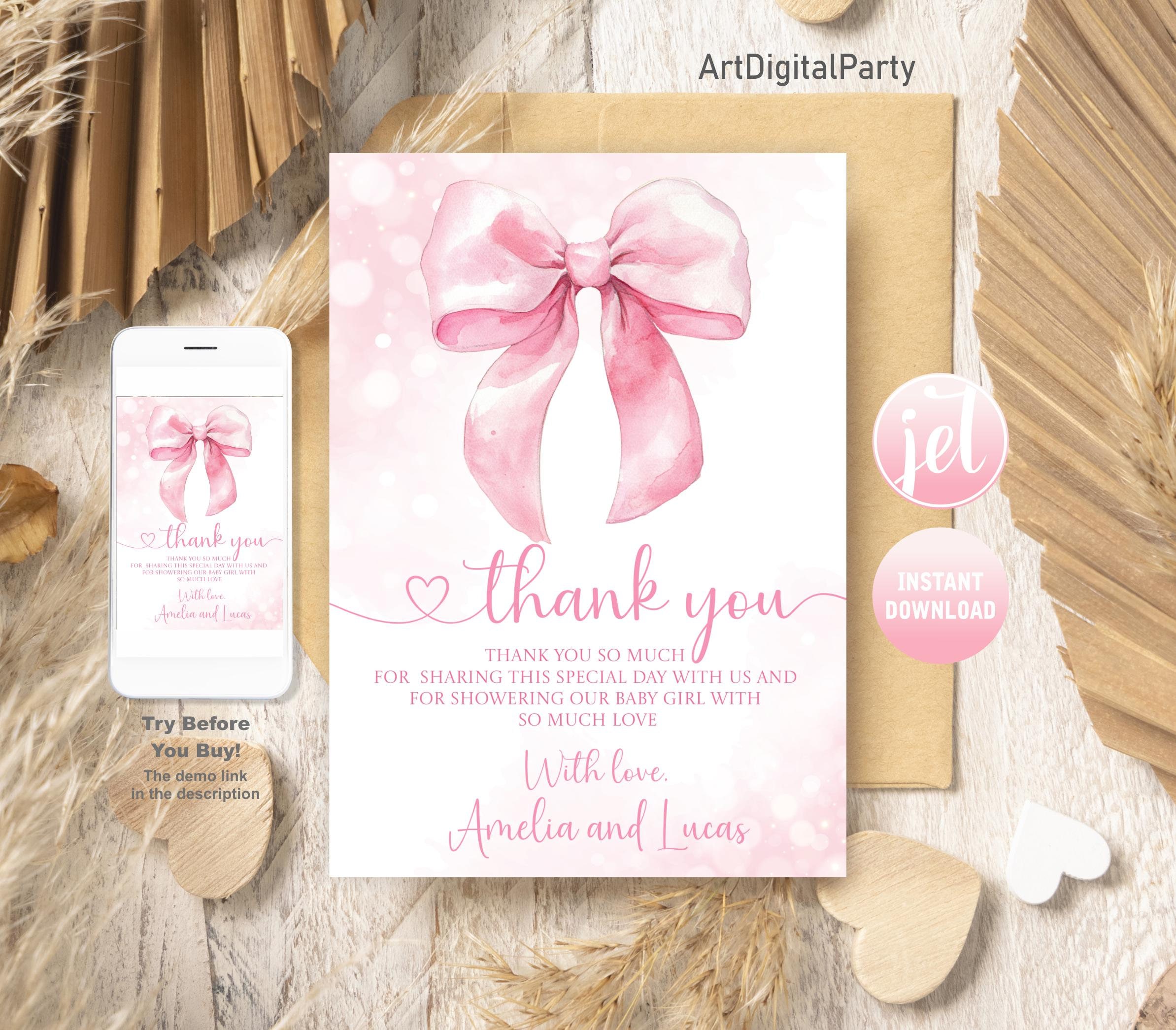 Editable Pink Bow Thank You Card With Photo, Soft Pastel Pink Bow 1st Birthday Thank You Card