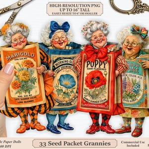 May include: Four digital paper dolls depicting elderly figures wearing seed packet costumes labelled Marigold, Morning Glory, Poppy, and Rainbow Lupine. The image includes text stating High-Resolution PNG up to 40.6 cm tall and 33 Seed Packet Grannies.