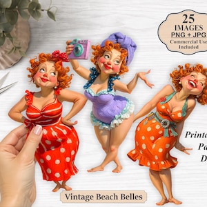 Beach Belle Beauties afdrukbare papieren poppen | Curvy vintage badpak dames clipart | Retro stranddames, png PNGEgg | Efemere ongewenste tijdschriften