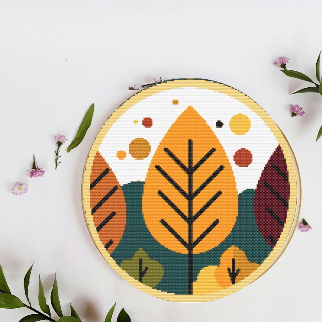 Autumn Cross Stitch Pattern and Chart, Cute Fall Design, Trees and ...
