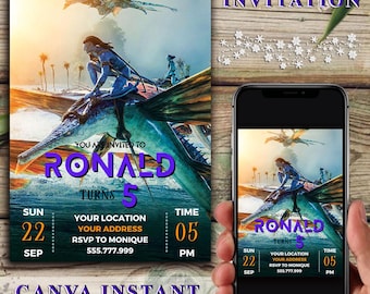 Invitación de cumpleaños de Avatar: Fiesta infantil, plantilla editable de Canva (descarga digital)
