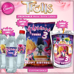Bearbeitbare Geburtstagsparty-Bundle-Etiketten - Wasserflaschenetikett, Caprisun-Etikett, Chips-Beuteletikett, personalisierte druckbare Geburtstagsfeieretiketten