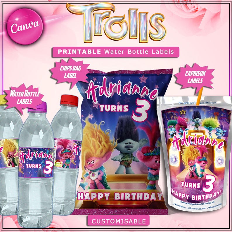 Troll Paper Labels Editable Birthday Party Labels Bundle: Water Bottle, Chips, Caprisun ...