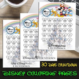 Puede incluir: Tres páginas para colorear imprimibles con Mickey Mouse, Minnie Mouse, Pluto y Goofy. Cada página tiene una cuenta regresiva de 30 días con orejas de Mickey Mouse para colorear. El texto en las páginas dice "¡30 días para ir!" y "Cuenta regresiva de Disneyland".