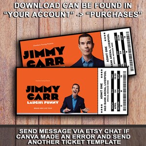 K&ouml;nnte beinhalten: Zwei orangefarbene Jimmy Carr Comedy-Show-Tickets. Die Tickets zeigen den Namen und das Bild des Comedians, Showdetails und den Text "LAUGHS FUNNY". Die Tickets enthalten auch den Text "DOWNLOAD CAN BE FOUND IN 'YOUR ACCOUNT' -> 'PURCHASES'".