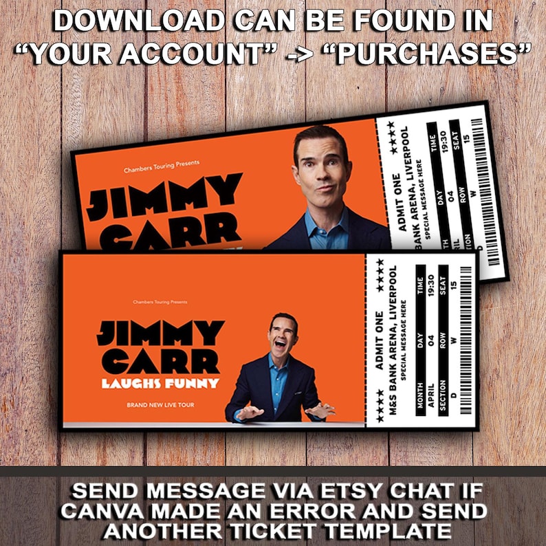 K&ouml;nnte beinhalten: Zwei orangefarbene Jimmy Carr Comedy-Show-Tickets. Die Tickets zeigen den Namen und das Bild des Comedians, Showdetails und den Text "LAUGHS FUNNY". Die Tickets enthalten auch den Text "DOWNLOAD CAN BE FOUND IN 'YOUR ACCOUNT' -> 'PURCHASES'".