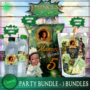 May include: A party bundle featuring The Princess and the Frog theme. The bundle includes water bottle labels, chip bag labels, and Capri Sun labels. The labels feature a green and gold color scheme with images of Tiana, Naveen, and other characters from the movie. The text on the labels reads "Princess Manuela is turning 5".