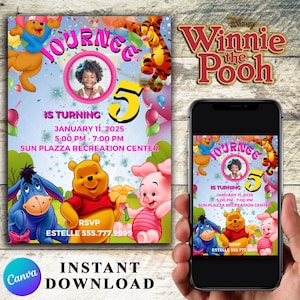 Winnie the Pooh Birthday Invitation: Classic Baby Shower Bundle (Canva Template)