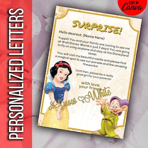 Cartas editables de Blancanieves, revelación sorpresa de Disneyland, carta de viaje sorpresa a Disneyworld, boleto de parque temático, carta de viaje de vacaciones