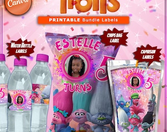 Trolls Birthday Party Labels Bundle: Editable Printable (Canva Template)