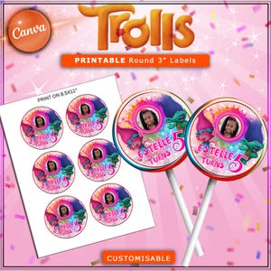 Bearbeitbar Trolle Geburtstag Lollipop Labels: 3&quot;Rund Aufkleber (Digitaler Download)