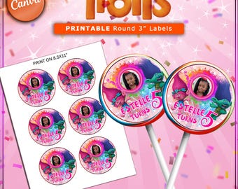 Editable Trolls Birthday Lollipop Labels: 3&quot; Round Stickers (Digital Download)