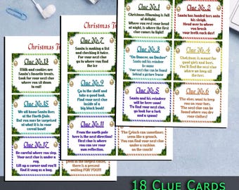 Puede incluir: Un conjunto de 18 tarjetas de pistas para la búsqueda del tesoro navideño. Cada tarjeta presenta un diseño festivo con un borde verde, detalles dorados y una pista única. Las tarjetas están diseñadas para ser editadas en Canva.
