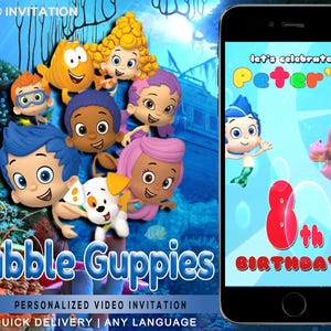 May include: A personalized video invitation featuring the characters from the children's television show Bubble Guppies. The invitation is for Peter's 8th birthday and includes the text "Let's celebrate Peter's 8th Birthday!"
