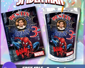 Etiquetas de Spiderman Caprisun: Recuerdos de fiesta de cumpleaños (Plantilla imprimible de Canva)