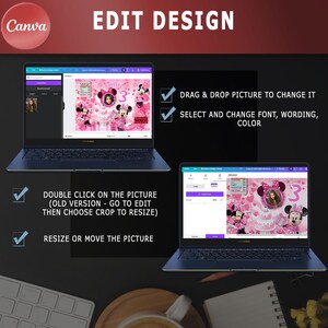 Puede incluir: Una pantalla de computadora port&aacute;til que muestra un tel&oacute;n de fondo de fiesta de cumplea&ntilde;os de Minnie Mouse rosa y blanco con un marcador de posici&oacute;n para una foto. El texto en la pantalla dice "Arrastrar y soltar imagen para cambiarla" y "Seleccionar y cambiar fuente, redacci&oacute;n, color".