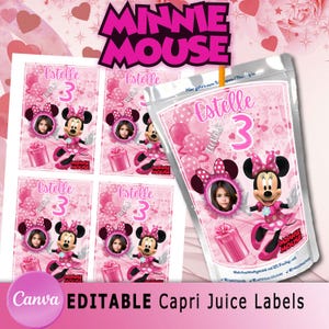 Minnie Mouse Pink Birthday Party Favors, Minnie Mouse Pink Birthday Wrappers, Minnie Caprisun Canva Editable Printable Instant Download