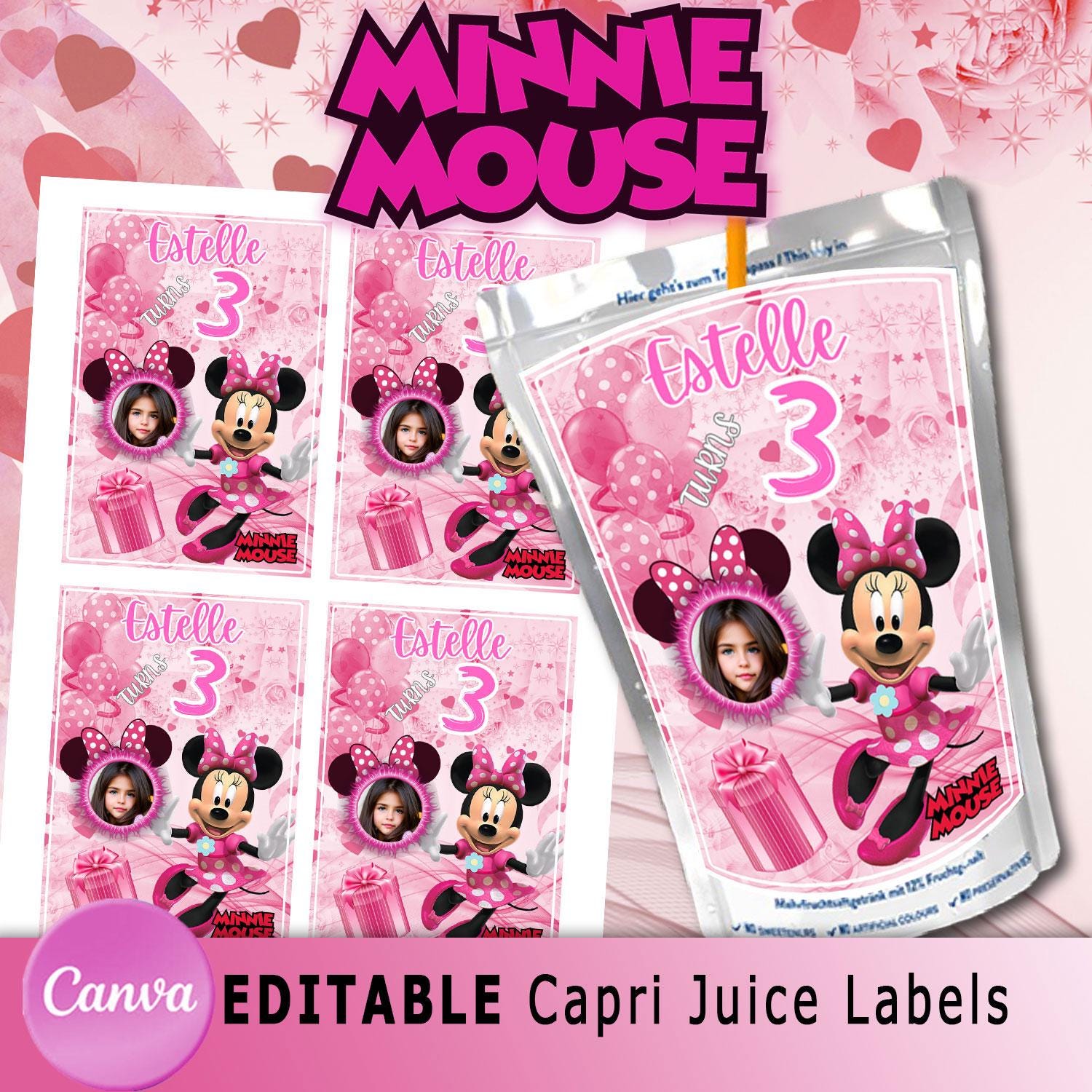 Minnie Mouse Pink Birthday Party Favors, Minnie Mouse Pink Birthday Wrappers, Minnie Caprisun Canva Editable Printable Instant Download