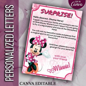 Cartas editables de Minnie, revelación sorpresa de Disneyland, revelación de Disneyworld, carta de viaje sorpresa, boleto de parque temático, carta de viaje de vacaciones