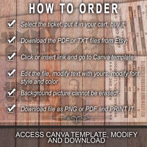 K&ouml;nnte beinhalten: Ein Holzgrund mit Anweisungen zur Bestellung eines Tickets. Der Text lautet oben "HOW TO ORDER", gefolgt von Schritten mit H&auml;kchen. Der Text unten lautet "ACCESS CANVA TEMPLATE, MODIFY AND DOWNLOAD".