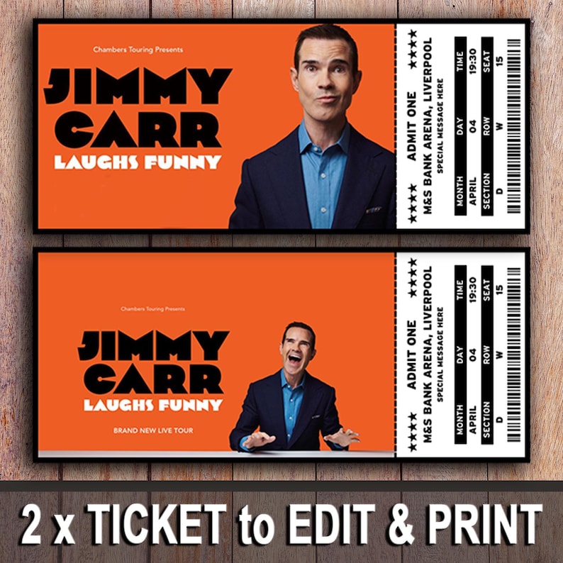 K&ouml;nnte beinhalten: Zwei orangefarbene und schwarze Tickets f&uuml;r eine Jimmy Carr Comedy-Show. Die Tickets zeigen den Namen des Komikers und den Schriftzug "LAUGHS FUNNY". Details umfassen Veranstaltungsort, Datum, Uhrzeit und Sitzplatz.