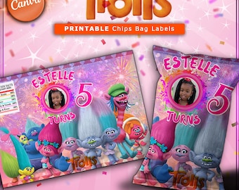 Editable Trolls Birthday Party Chips Bag Labels (Digital Download)