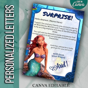 Carta editable de LA SIRENITA, revelación sorpresa de Disneyland, revelación de Disneyworld, carta de viaje sorpresa, boleto de parque temático, carta de viaje