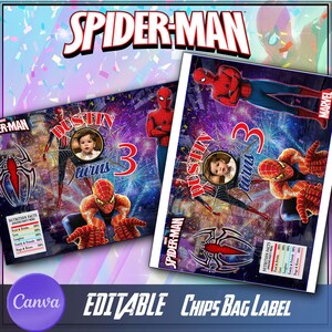 Puede incluir: Una etiqueta de bolsa de patatas fritas imprimible con Spiderman, un superh&eacute;roe rojo y azul, con el texto "Dustin cumple 3 a&ntilde;os". La etiqueta tiene un esquema de color rojo y azul con un fondo negro y un borde blanco.