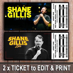 May include: Two black and yellow printable tickets for a Shane Gillis Live comedy show at the M&S Bank Arena in Liverpool. The tickets have a section, row, and seat number, as well as a date and time. The tickets also have a space for a special message.