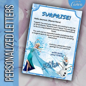 Carta editable de la princesa ELSA de FROZEN, revelación sorpresa de Disneyland, revelación de Disneyworld, carta de viaje sorpresa, boleto de parque temático