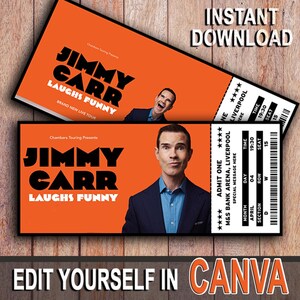 K&ouml;nnte beinhalten: Zwei orangefarbene Tickets f&uuml;r eine Comedy-Show mit Jimmy Carr. Die Tickets zeigen den Text "JIMMY CARR LAUGHS FUNNY" und "BRAND NEW LIVE TOUR". Ein Ticket zeigt ein Foto von Jimmy Carr. Die Tickets sind f&uuml;r die M&S Bank Arena, Liverpool.