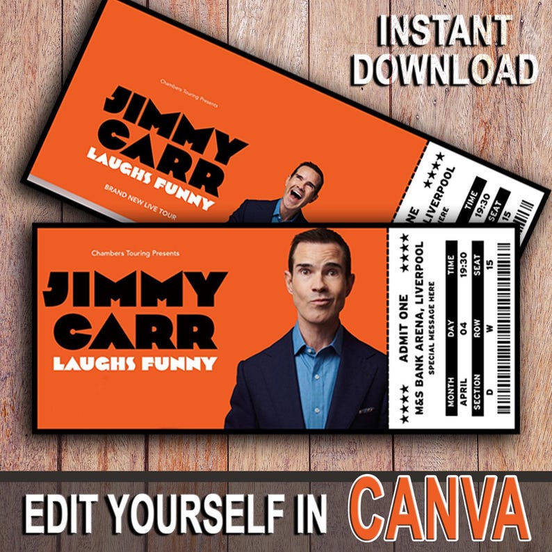 K&ouml;nnte beinhalten: Zwei orangefarbene Tickets f&uuml;r eine Comedy-Show mit Jimmy Carr. Die Tickets zeigen den Text "JIMMY CARR LAUGHS FUNNY" und "BRAND NEW LIVE TOUR". Ein Ticket zeigt ein Foto von Jimmy Carr. Die Tickets sind f&uuml;r die M&S Bank Arena, Liverpool.