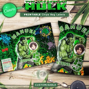 May include: Printable chip bag labels featuring the Incredible Hulk. The labels are green and feature a brick wall background with a cartoon image of the Hulk. The labels also include the text "Manuel Turns 5".