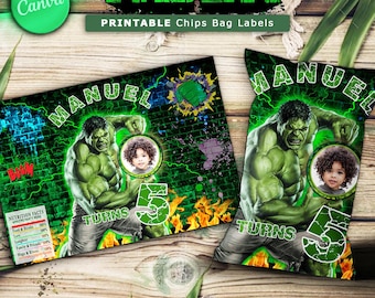 Etiquetas para regalos de cumpleaños de Hulk: Bolsa de papas fritas y envoltorio de Krispies (imprimible en CANVA)