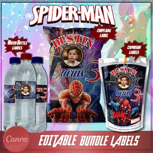 Editable Birthday Party Bundle Labels - Water Bottle label, Caprisun label, Chips Bag Label,  Personalized Printable Birthday Party Labels