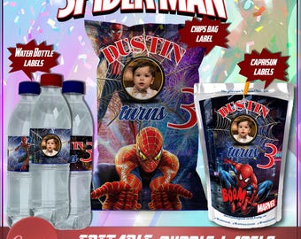 Etiquetas para fiesta de cumpleaños de Spiderman: Botella de agua editable, papas fritas, CapriSun (descarga digital)