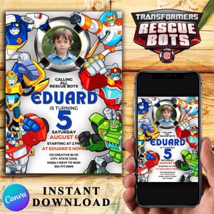 Rettung Bots Transformationen Geburtstagsparty Digitale Einladung Vorlage, Einladungen zur Geburtstagsfeier, Digitale Kinder Party einladen, Canva Bearbeitbar