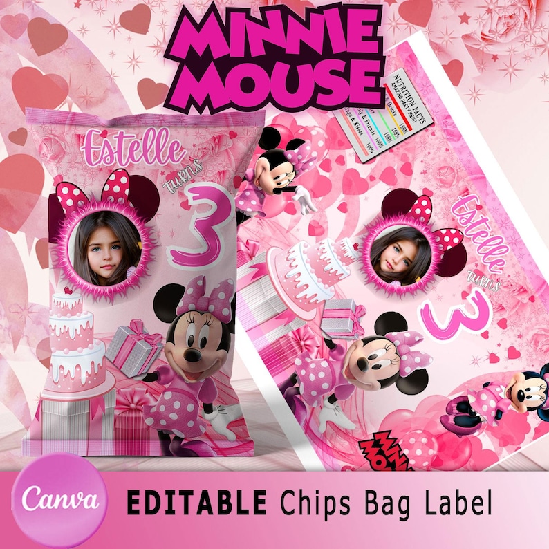 May include: Editable chip bag label featuring Minnie Mouse and a pink and white cake. The label is personalised with the name "Estelle" and the number "3".