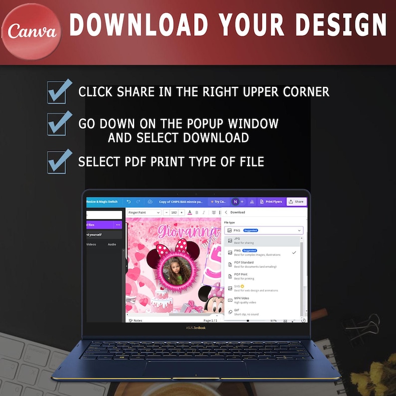 May include: A laptop screen displaying a Canva design with a pink and white Minnie Mouse themed birthday card. The screen shows a dropdown menu with the option to download the design as a PDF print file.