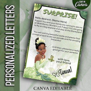 Carta editable de la PRINCESA TIANA, revelación sorpresa de Disneyland, revelación de Disneyworld, carta de viaje sorpresa, boleto de parque temático, viaje de vacaciones
