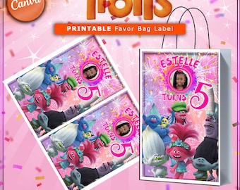 Trolls Birthday Favor Bag Label: Editable Canva Template (Digital Download)