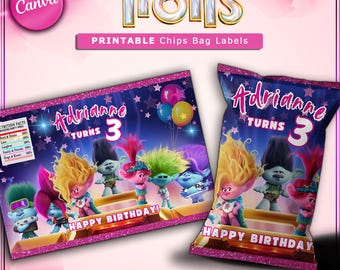 Trolls 3 Birthday Party Chip Bag Labels: Personalized Printable (Digital Download)