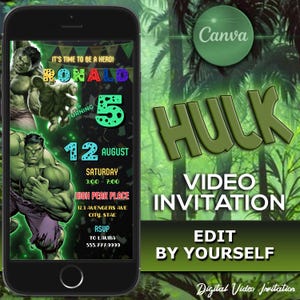 Hulk Video Geburtstagsfeier einladen, Canva Editierbare Einladung, sofortiger Download, Hulk Party-Einladung, Hulk Geburtstags-Party einladen Smartphone