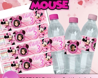 Etiqueta rosa para botella de agua de Minnie Mouse: imprimible en Canva (archivo digital)