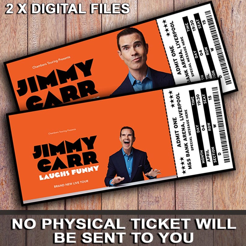 K&ouml;nnte beinhalten: Zwei digitale Tickets f&uuml;r eine Comedy-Show mit Jimmy Carr. Die Tickets haben einen orangefarbenen Hintergrund mit dem Bild des Komikers und dem Text "JIMMY CARR LAUGHS FUNNY". Die Tickets sind f&uuml;r die M&S Bank Arena, Liverpool.