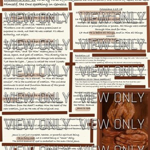 May include: A religious poster with the text "JESUS IS GOD" in a brown and white design. The poster includes Bible verses and text affirming Jesus as the Creator. The background features a painted image of hands.