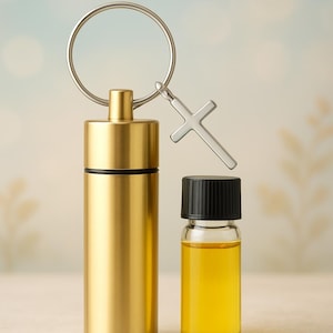 Puede incluir: Un recipiente cilíndrico dorado con un llavero plateado y un pequeño dije de cruz plateada. Junto a él, una pequeña botella de vidrio con tapa negra, llena de líquido amarillo. Sobre un fondo suave y borroso.