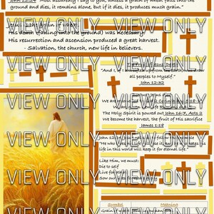 Può includere: Una grafica a tema religioso con testo e immagini. La frase "Gesù è il grano" è in alto. L'immagine include versetti biblici, una raffigurazione di Gesù e un campo di grano. Il testo include le parole "View Only" in un motivo ripetuto.